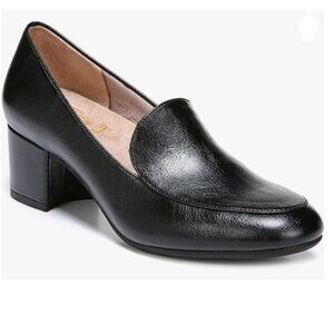 FOWT Black Side V Cut Loafers Ladies Round Toe Mid Chunky Heel Pumps